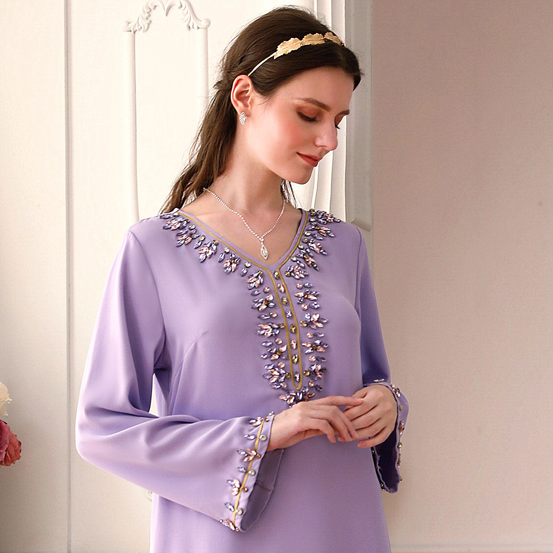 （订货）BA003浅紫重工水钻金边长袍 中东 土耳其 连衣裙 跨境女