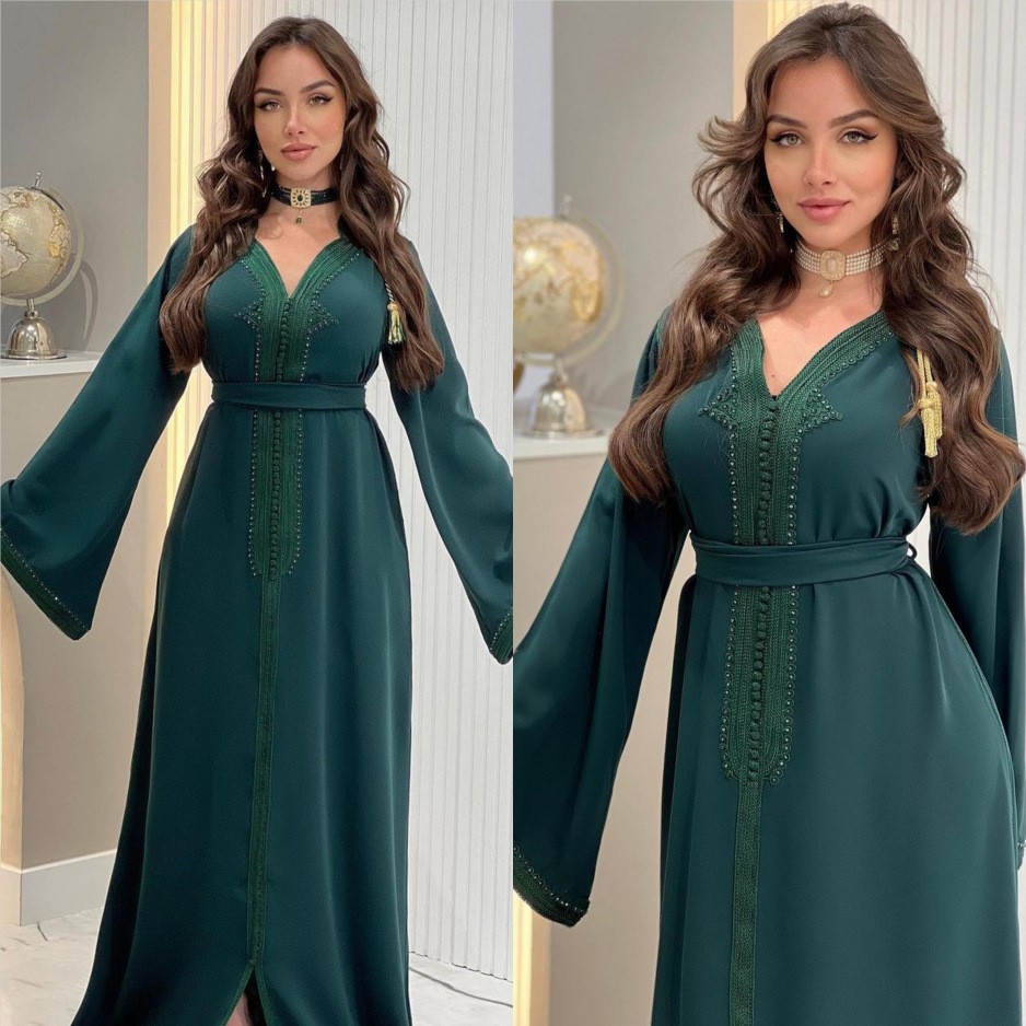 跨境穆斯林2023新款春夏外贸女装阿拉伯长袖abaya腰带中东连衣裙