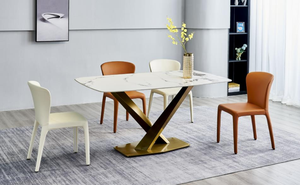 Modemn最便宜价格米色餐桌长方形豪华底座金属餐桌椅套装